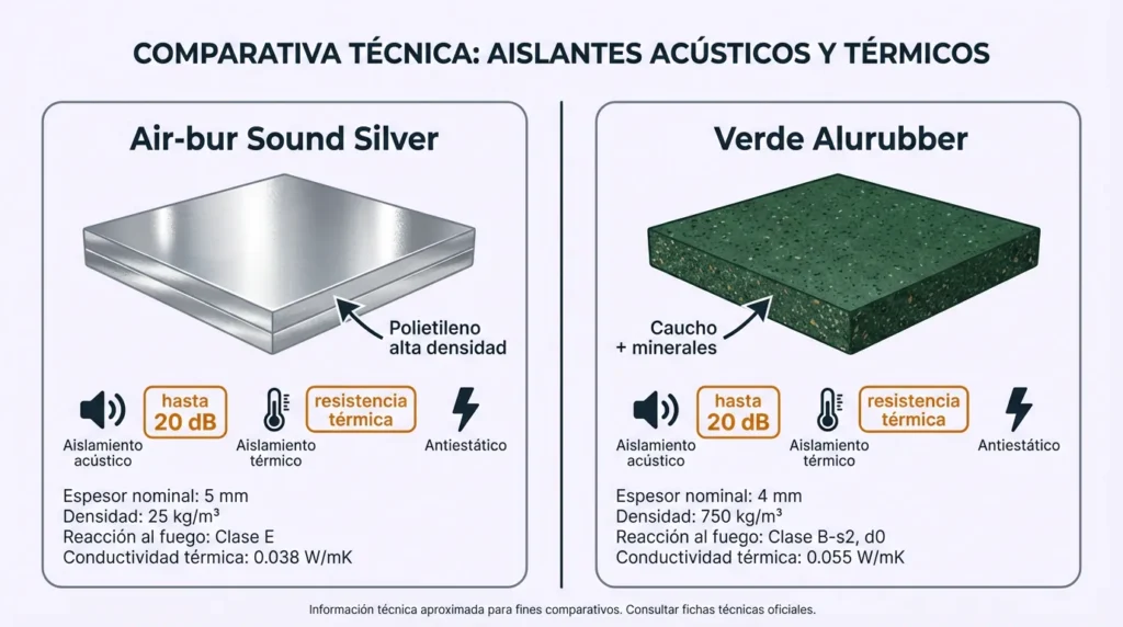 Comparativa técnica entre aislantes Air-bur Sound Silver y Verde Alurubber para tarima flotante