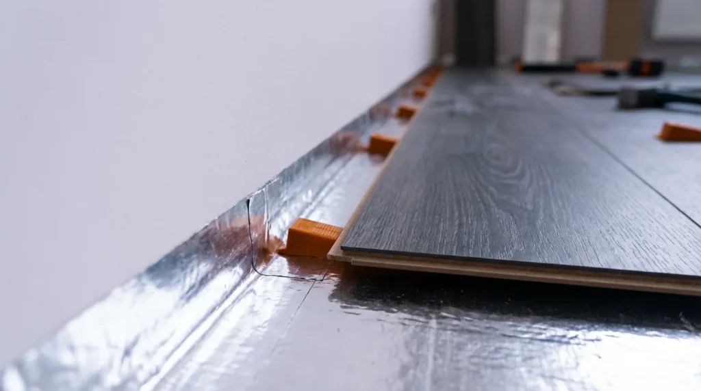 Detalle técnico de instalación perimetral de aislante bajo tarima flotante con junta de dilatación