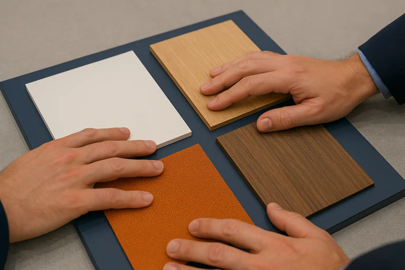 Detalle de manos tocando diferentes texturas y materiales de productos