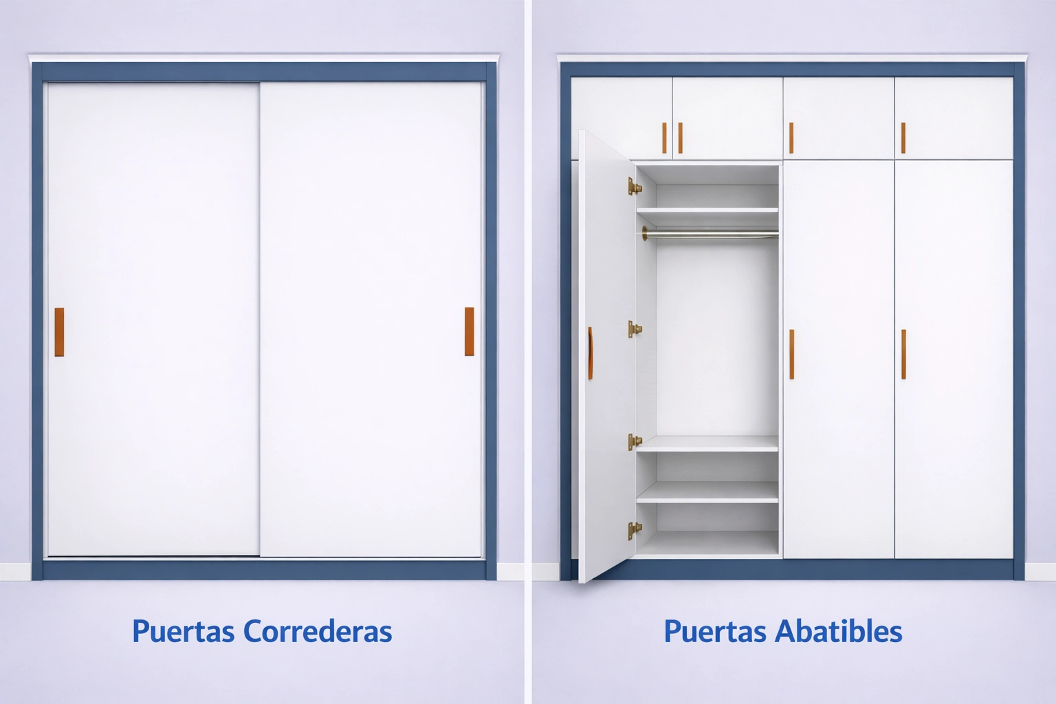 Comparativa visual entre puertas correderas y abatibles en armarios empotrados hasta techo con acabados profesionales