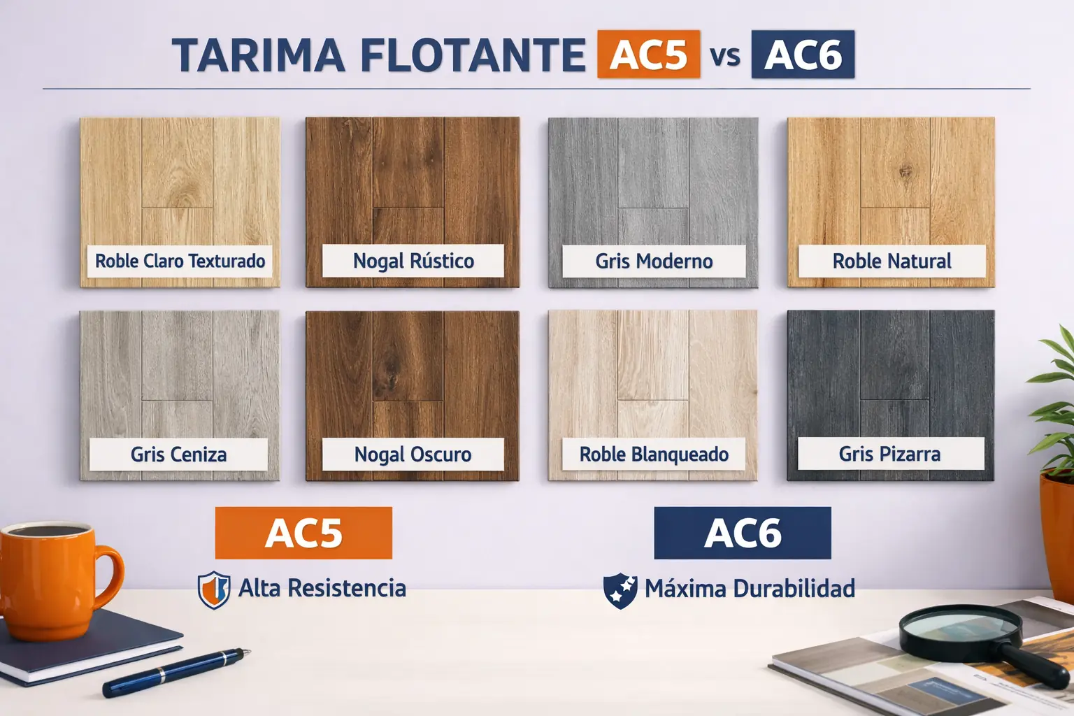 Comparativa visual de tarima flotante AC5 AC6 mostrando diferentes acabados y texturas disponibles