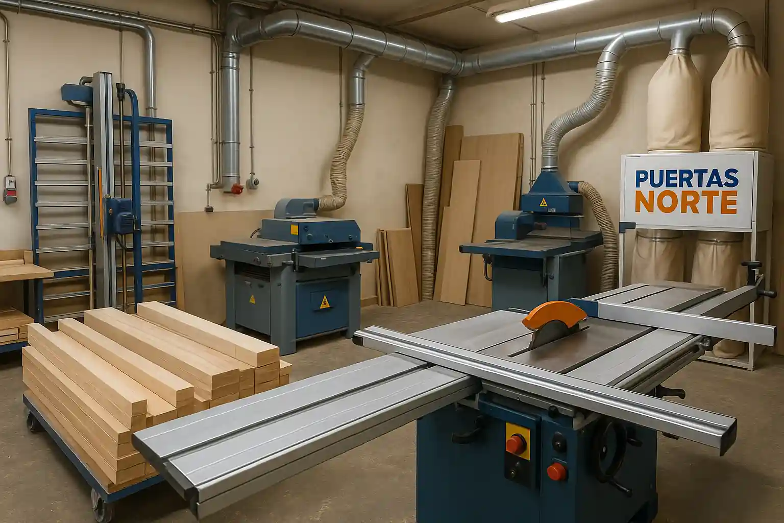 Taller de carpintería de Puertas Norte con maquinaria en Alcobendas