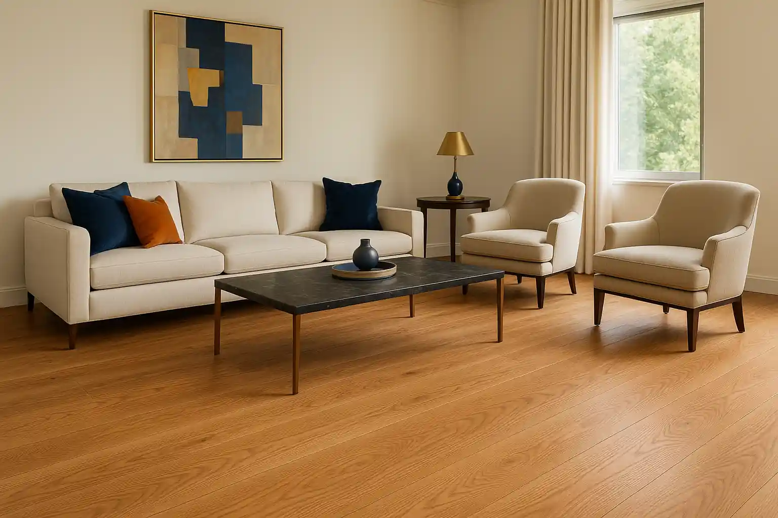 Tarima de madera natural de roble en salón en La Moraleja