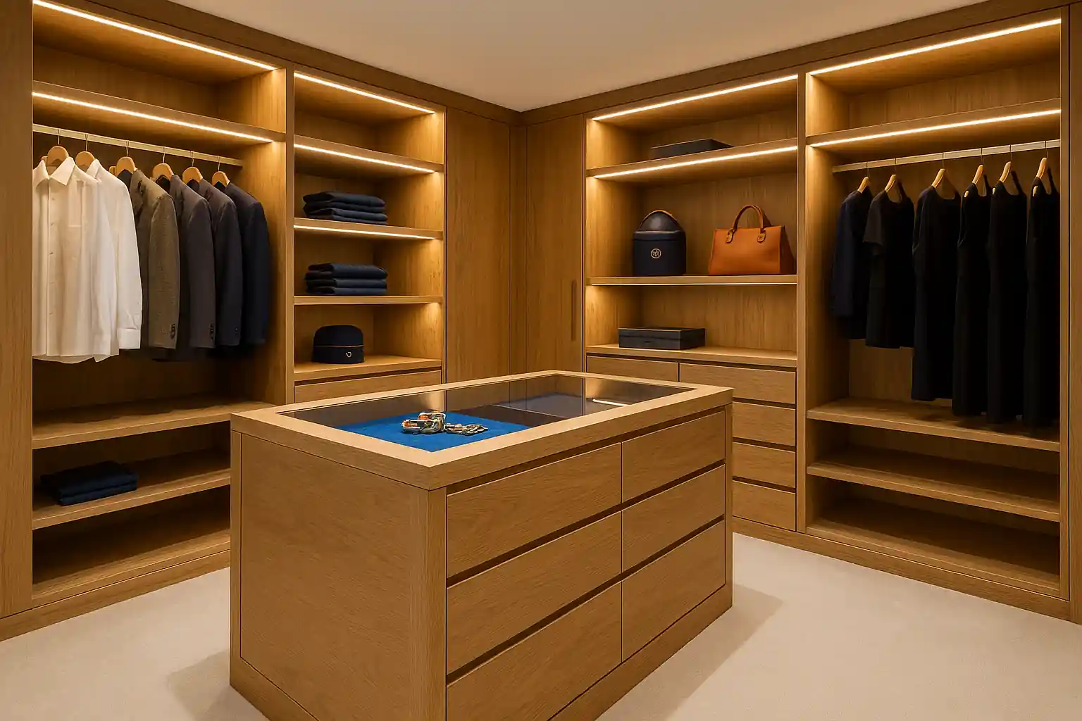 Vestidor completo con isla central en roble en La Moraleja