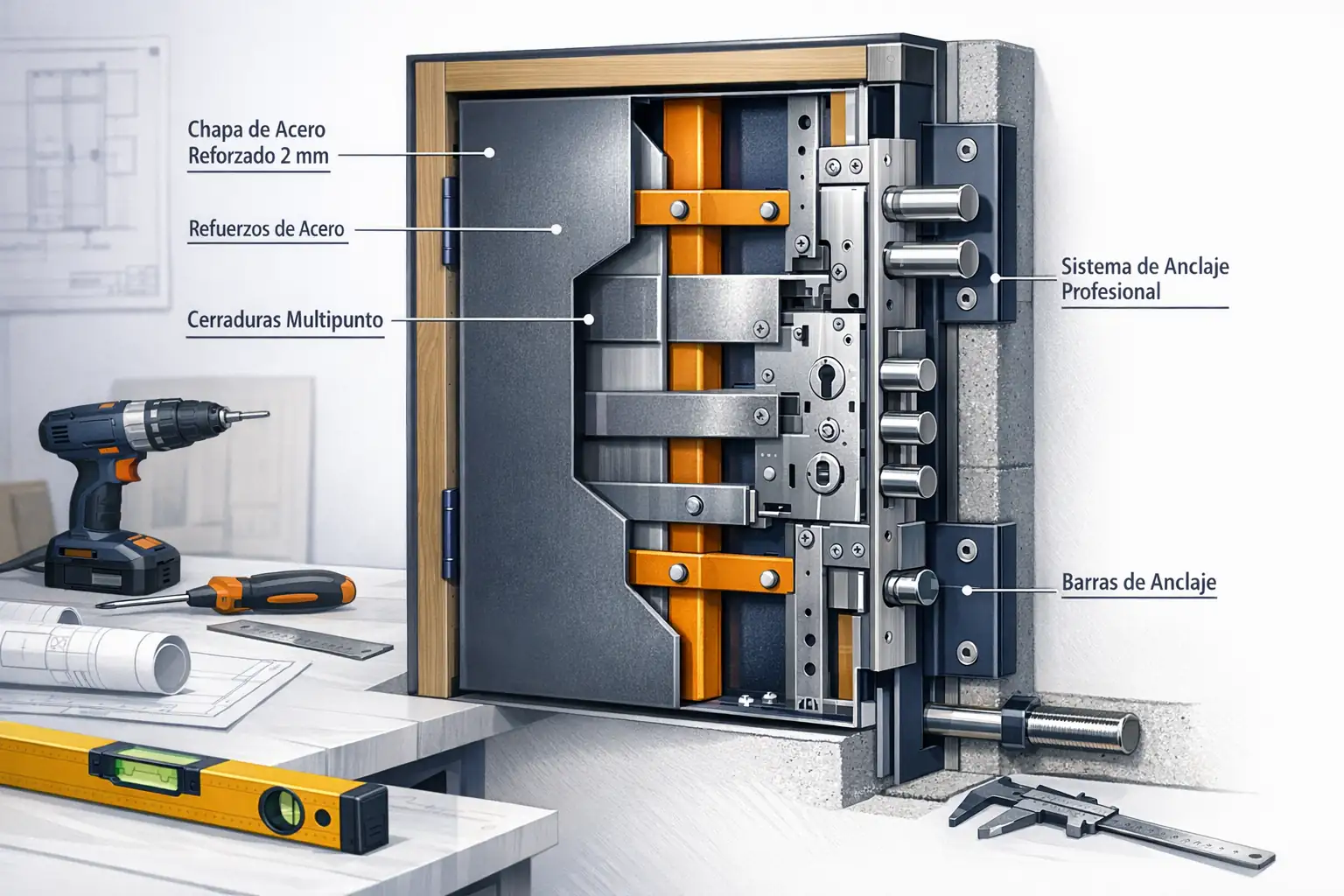 Detalle constructivo de estructura interna de puerta acorazada con acero reforzado y cerraduras multipunto
