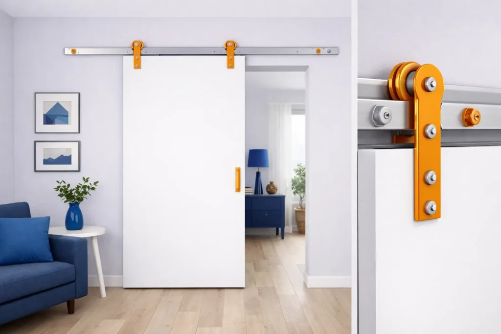 Puerta corredera interior lacada blanca instalada profesionalmente en vivienda Madrid Norte