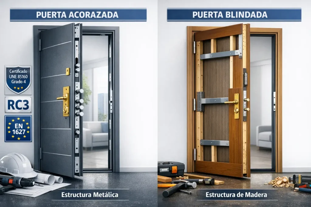 Comparativa visual entre puerta acorazada de alta seguridad y puerta blindada tradicional mostrando diferencias estructurales