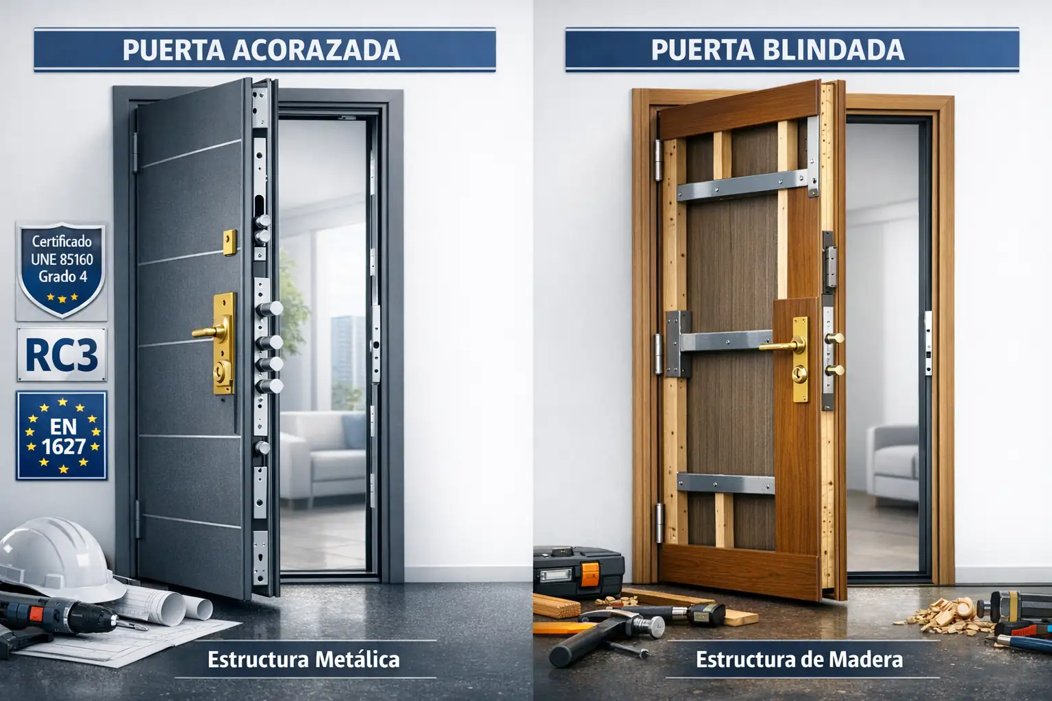 Comparativa visual entre puerta acorazada de alta seguridad y puerta blindada tradicional mostrando diferencias estructurales
