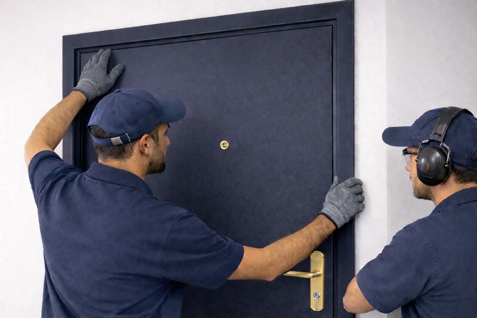 Equipo profesional de Puertas Norte instalando puerta acorazada con sistema de anclaje certificado en vivienda Madrid Norte