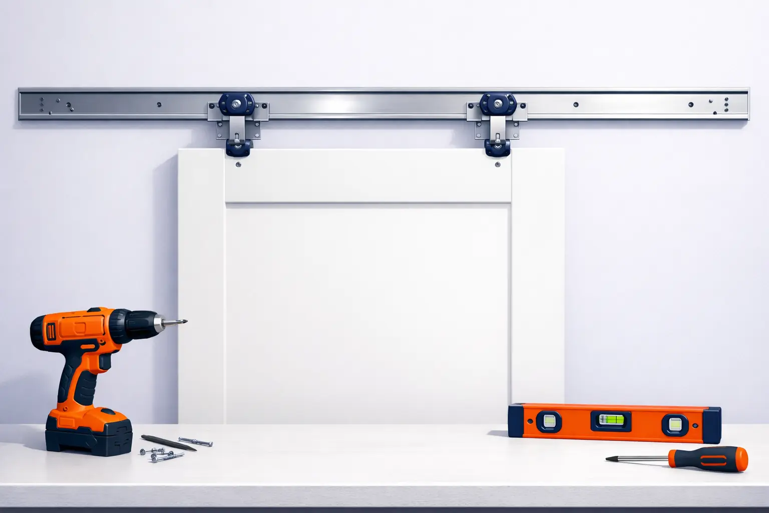 Instalación técnica de sistema de puerta corredera por equipo Puertas Norte Carpintero profesional instalando puerta corredera interior en Madrid Norte