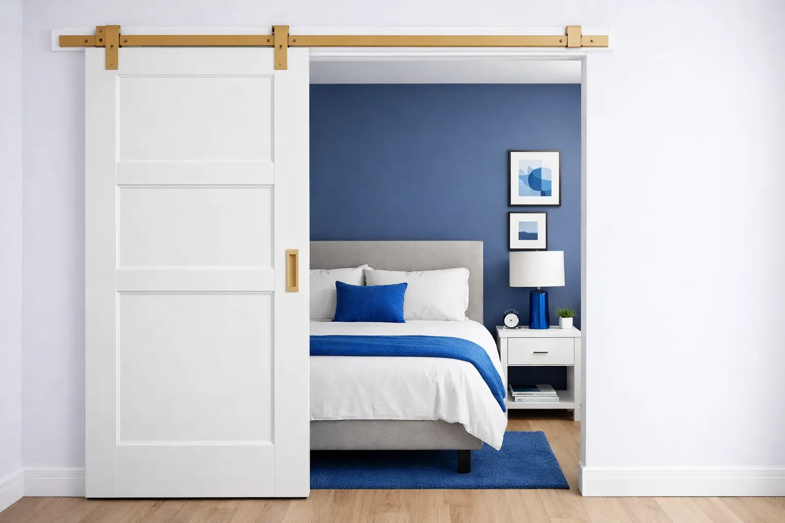 Instalación de puerta corredera lacada blanca en dormitorio Puerta corredera interior instalada profesionalmente en vivienda de Madrid Norte