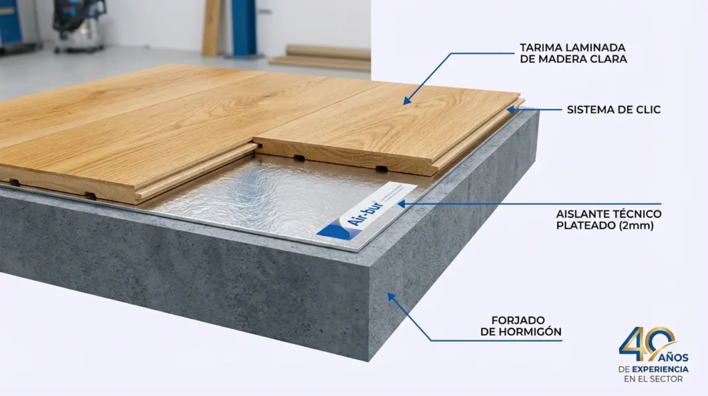 Corte transversal técnico de instalación de aislante bajo tarima flotante mostrando Air-bur Sound Silver de 2mm